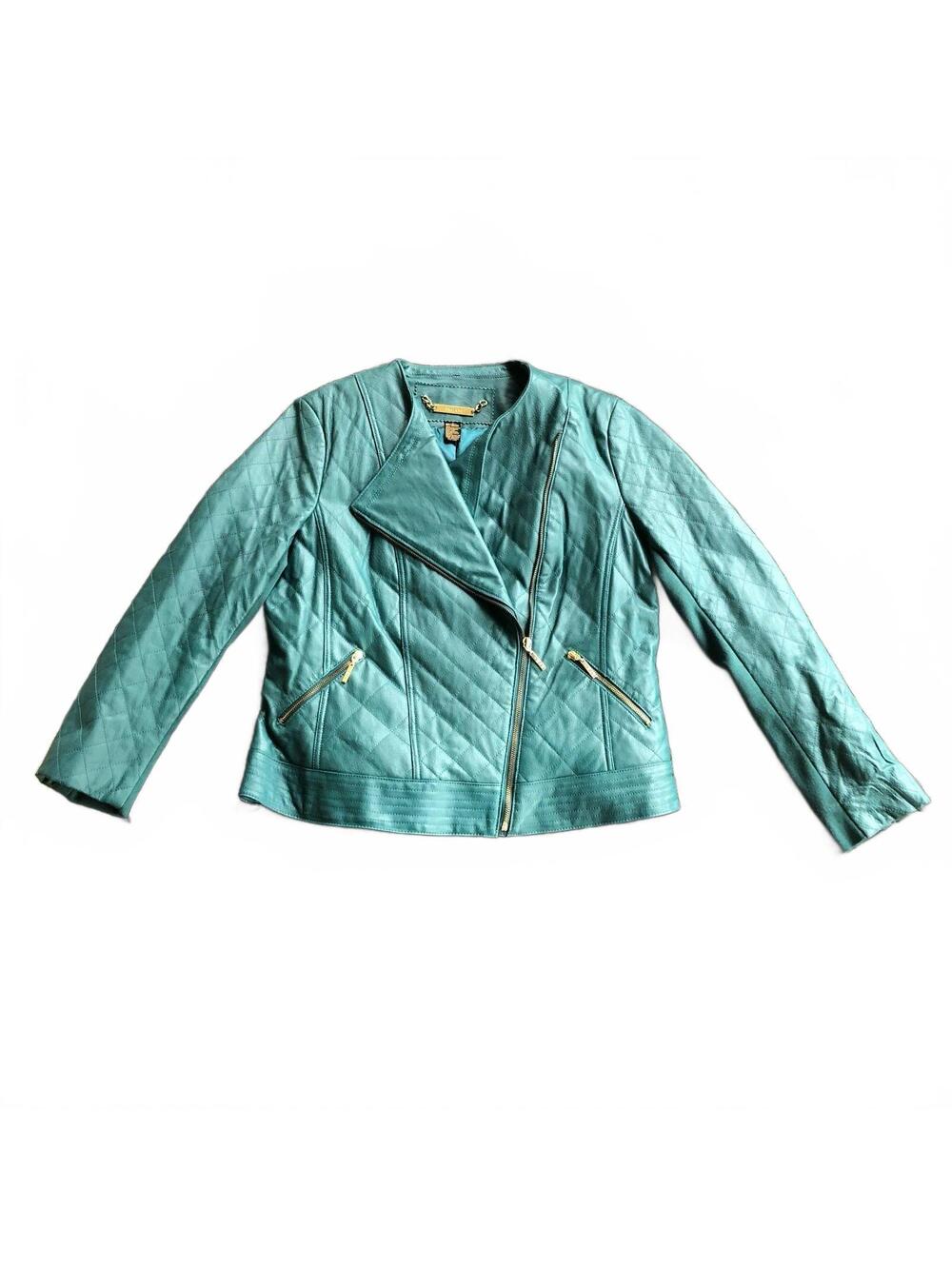 IMAN Women's Global Chic Teal Quilted Leather Moto Jacket Large Edgy Rocker